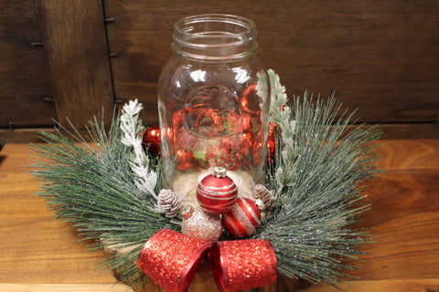 Holiday Mason Jar Centerpiece w/ Red Ornaments, Frosted Greenery, on wood base