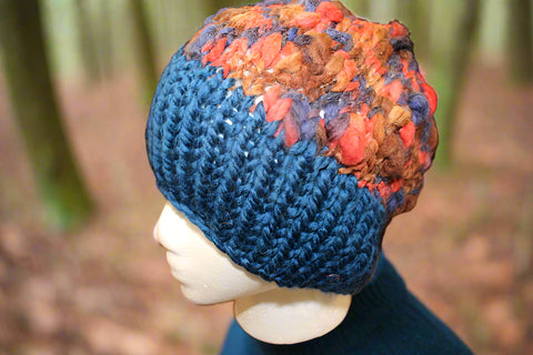 Orange and Blue Knit Hat With Blue Band