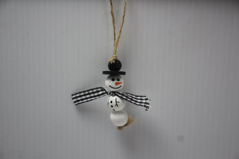 Wooden Snowman Ornament with Black and White Gingham Scarf and Black Hat