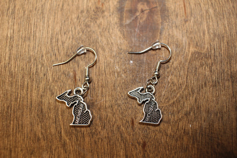 Handmade Michigan State Map Dangle Earrings in Silver-Tone Textured