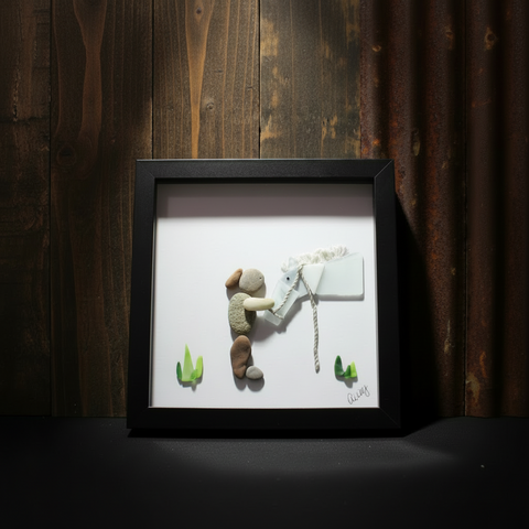 Pebble Horse and Rider Shadow Box Art by Art By Amy