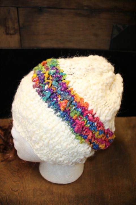 Cream Knit Hat W/ Rainbow Stripe