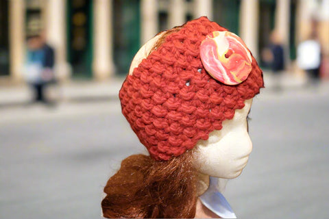 Brick Red Knitted Headband W/ Red & White Clay Button