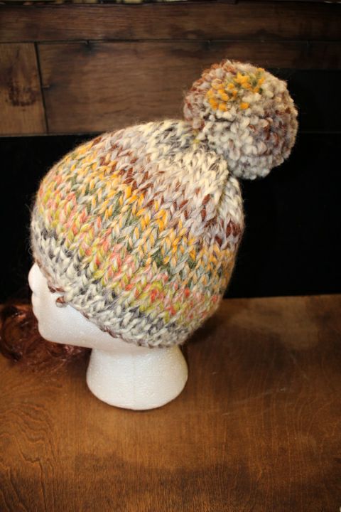 Shades of Brown, Gold, Green and Cream Knit Hat with Pom Pom