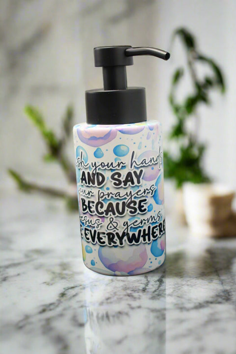 "Motivational Bubble-Themed Soap Dispenser with Black Pump and 'Wash Your Hands'