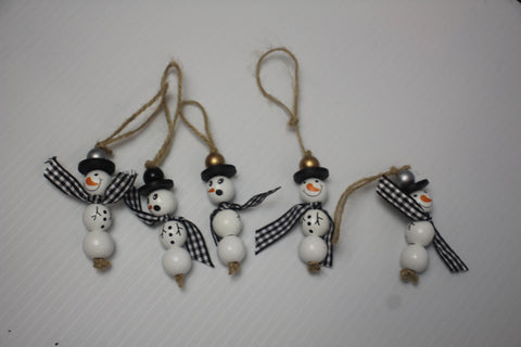 Wooden Snowman Ornament with Black and White Gingham Scarf and Black Hat