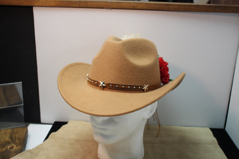 Tan Felt Cowboy Hat with Star-Studded Leather Band and Red & White Floral Side D