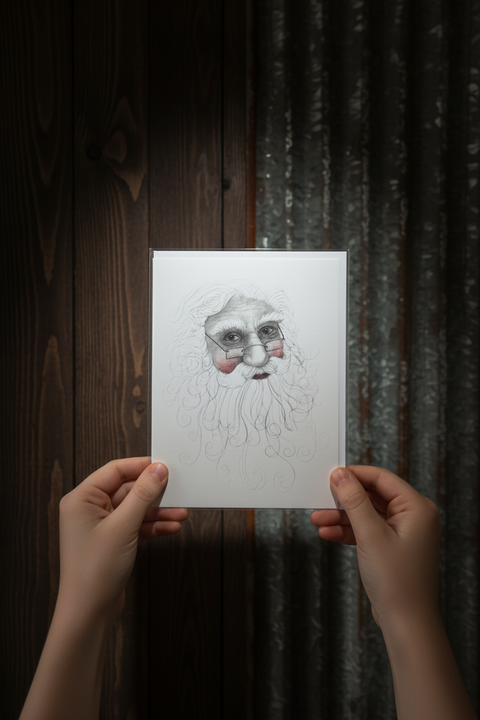 Hands holding a card with a printed face design against a dark wood and metal background