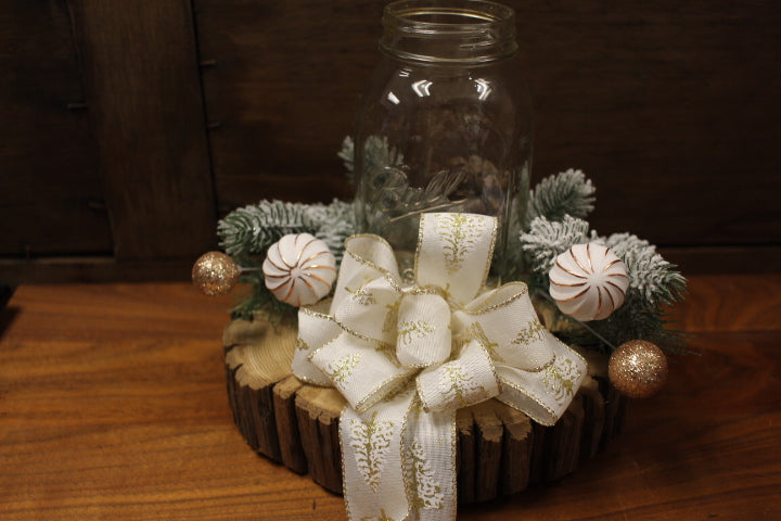 Mason Jar Centerpiece w/ Peppermint Ornaments, Frosted Greenery, Bow on Wood