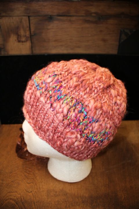 Pink Knit Hat W/ Rainbow Stripe