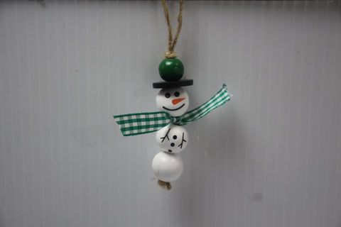 Wooden Snowman Ornament with Green and White Gingham Scarf and Black Hat