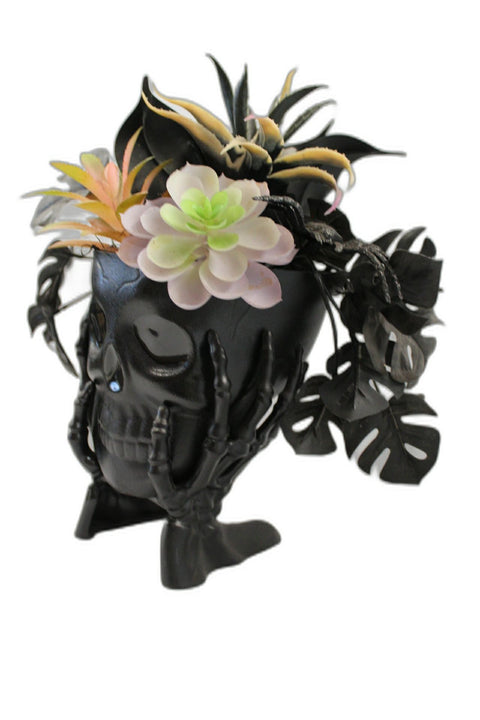 Black Skull Halloween Planter with Faux Succulents