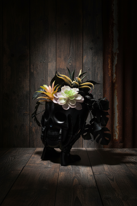 Black Skull Halloween Planter with Faux Succulents