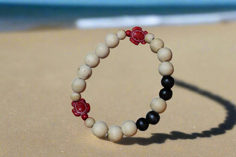 Red Turtle w/Tan and Black Wood Beads Bracelet By Theiss Tye Dye Studios