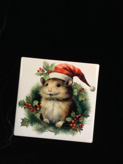 Mouse in Santa Hat Coaster by June Bugs