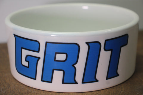 White Ceramic Pet Bowl with Blue "GRIT" Text Design – Durable Feeding Dish