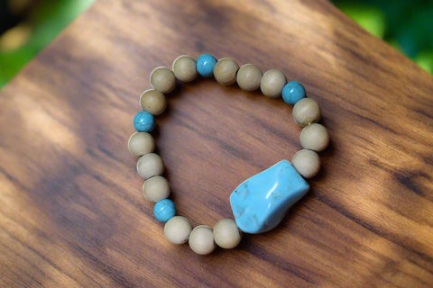 Turquoise Chunk Bead w/Turquoise round &Tan Wood bead Bracelet by Theiss