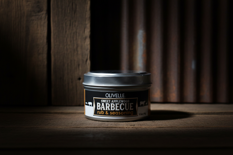 Olivelle Sweet Applewood Barbecue rub & seasoning container on a wooden surface