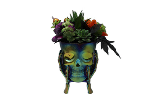 Iridescent Skull Planter With Halloween Floral Arrangement