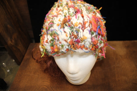 White and Multi-Colored Funfetti Knit Hat with Pink and Gold Square Button