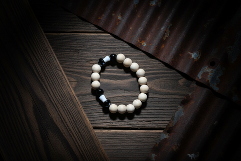 Black Mushrooms w/Tan Wood Beads Bracelet By Theiss Tye Dye Studio