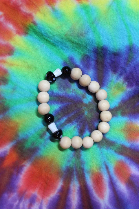 Black Mushrooms w/Tan Wood Beads Bracelet By Theiss Tye Dye Studio