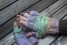 Load image into Gallery viewer, Pastel &amp; Tan Fingerless Mitts Size OSFA Acrylic Knitted Gloves
