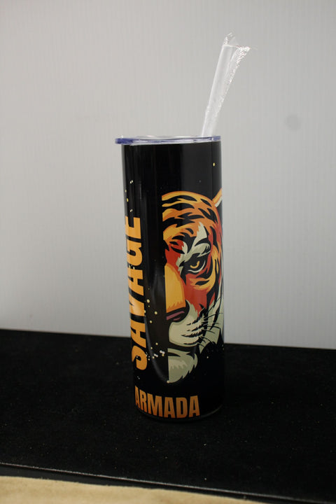 "Stainless Steel Insulated Tumbler with Tiger Design, 'Savage Armada' Text, and