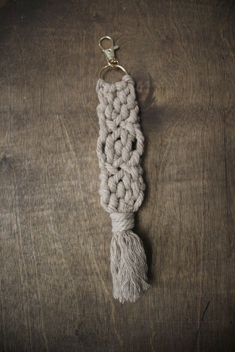 Taupe Macramé Keychain with Tassel and Gold Clip