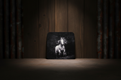 Black and White Galloping Horse Photo Cork Backed Coaster by Genna Card