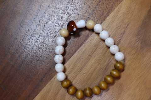 Brown Mushroom w/white Crackle and Brown Wood Beads  Bracelet by Theiss