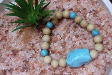 Turquoise Chunk Bead w/Turquoise round &Tan Wood bead Bracelet by Theiss