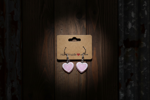 Handmade Pink Heart-Shaped Earrings with White Accent Border