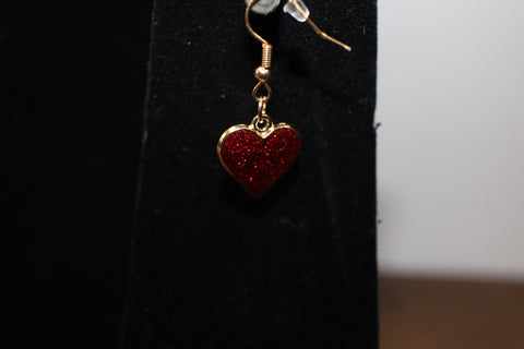 Handmade Red Glitter Heart Earrings with Gold-Tone Finish