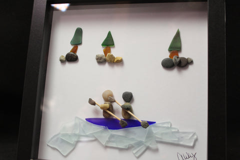 Handcrafted Pebble Art Rowing Couple Shadow Box by Art By Amy