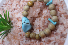 Load image into Gallery viewer, Turqouise Chunk w/2 Turq Chip &amp; Tan Wood Bead Bracelet by Theiss
