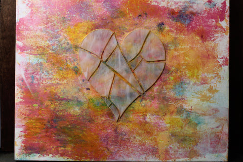 Mixed Media Abstract Heart Artwork with Shattered Glass Effect on Canvas