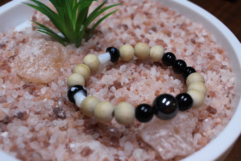 Black Mushroom W/Hemitite and Tan Wood Beads  Bracelet by Theiss Tye Dye Studio