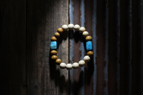 2 Turquoise Rectangle Bead w/ Tan Wood Bead Bracelet by Theiss