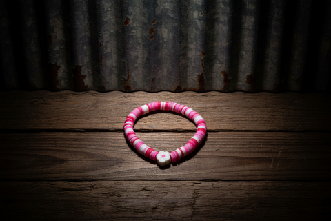 Flower Charm Bracelet w/ Pink & White Disc Beads by Beaded Beauties