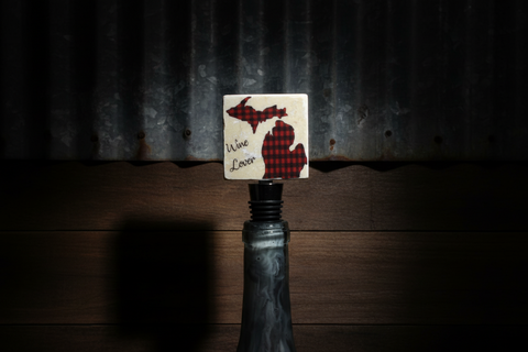 Beige Tile Wine Stopper with Red Plaid Michigan Map and "Wine Lover" Text