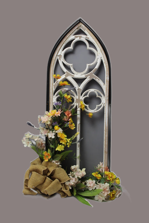 Cathedral-Style Wooden Floral Frame with Burlap Bow