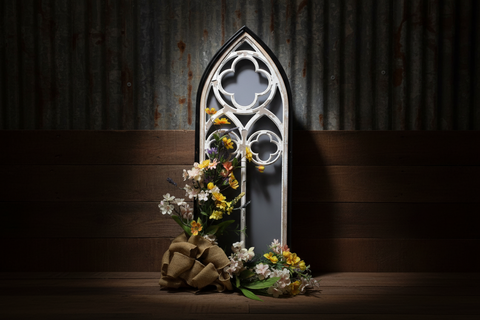Cathedral-Style Wooden Floral Frame with Burlap Bow