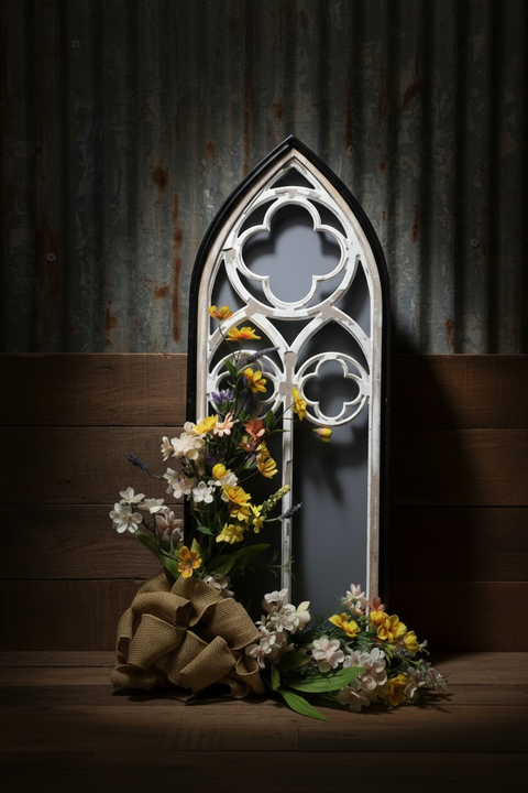 Cathedral-Style Wooden Floral Frame with Burlap Bow