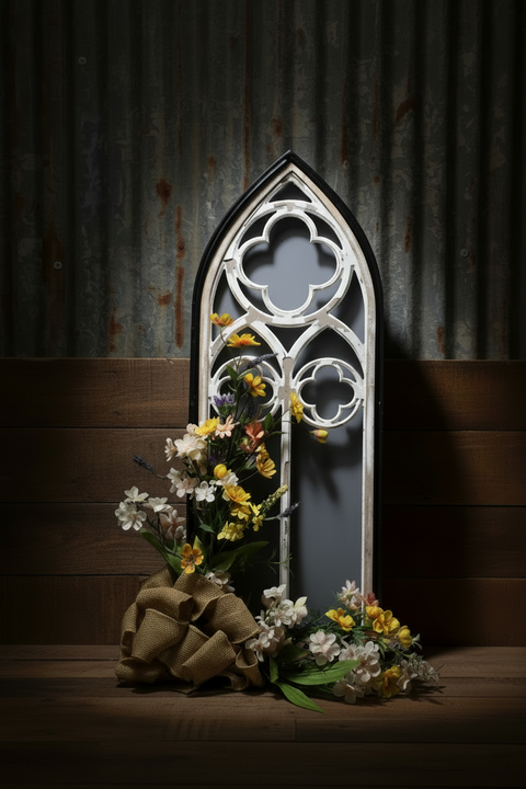 Cathedral-Style Wooden Floral Frame with Burlap Bow