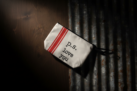 "P.S. Love You" Canvas Zipper Cosmetic Bag with Red Stripes and Black Handle