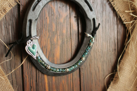 Live Lucky Decorative Horseshoe with Emerald Glass Beads and Green Heart Charm