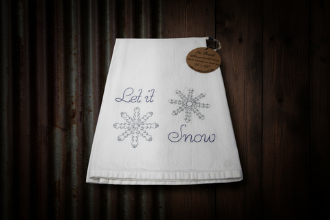 Let It Snow Embroidered Tea Towel with Blue Snowflakes Design, 26 x 26 Inches