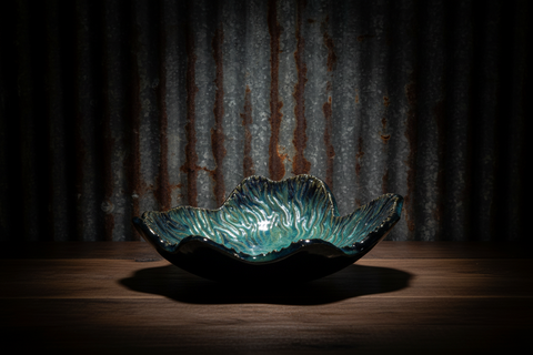 Handcrafted Textured Blue and Green Ceramic Leaf-Shaped Decorative Bowl