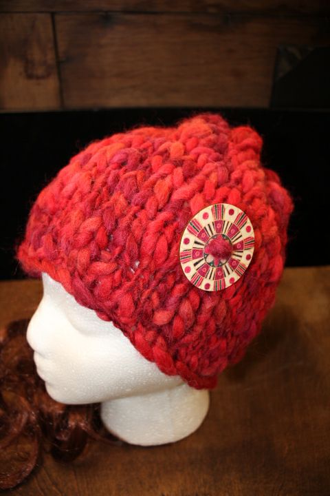 Tones of Red Knit Hat with Red & White Round Button